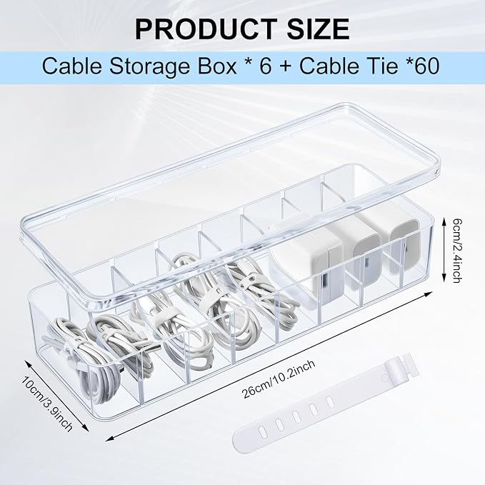 Tatuo 6 Pcs Cord Organizer for Drawer Desktop, Cable Organizer Box with 8 Compartments and Wire Ties, Plastic Charger Storage with Lid, Electronics Case for Home Office Accessories (Small,Clear)