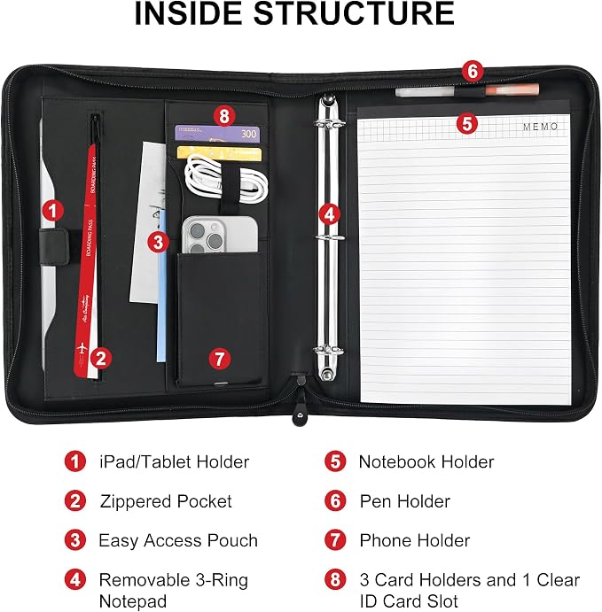 GraduatePro 3 Ring Portfolio Binder with Handles - 1.2 Inch Rings, Faux Leather Padfolio with Zippered, Storage Pouch for Tablet, Mobile Phone Pocket, Travel Documents for Men and Women(Black)