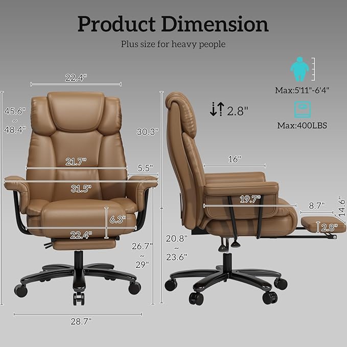 GYI 160 Reclining Office Chair with Footrest, Big & Tall Desk Chair, Brown | Cross Legged Seat, High Back, Faux Leather, Heavy Duty Base, Adjustable Height, for Home, Executive