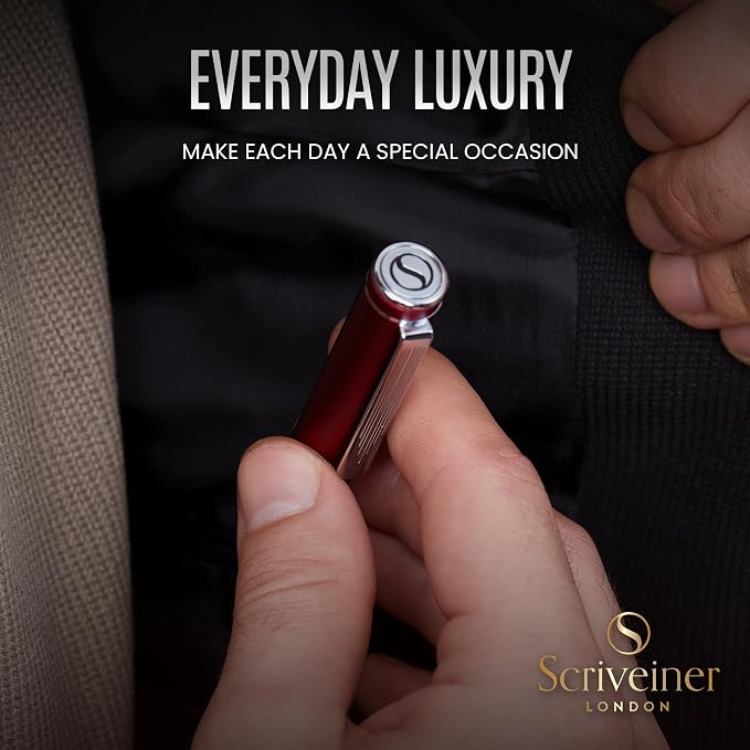 Scriveiner Red Rollerball EDC Luxury Pen, Stunning Pocket Pen with Chrome Finish, Cool Writing Pen, Best Gift for Men & Women, German Schmidt Refill, Nice Present, Fancy Office Designer