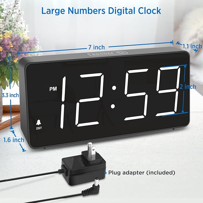 Peakeep Digital Alarm Clock for Bedrooms Bedside, Loud for Heavy Sleepers | Large Big LED Numbers Dimmable for Seniors, Battery Backup Plug in Electric Clock with USB Charger(White)