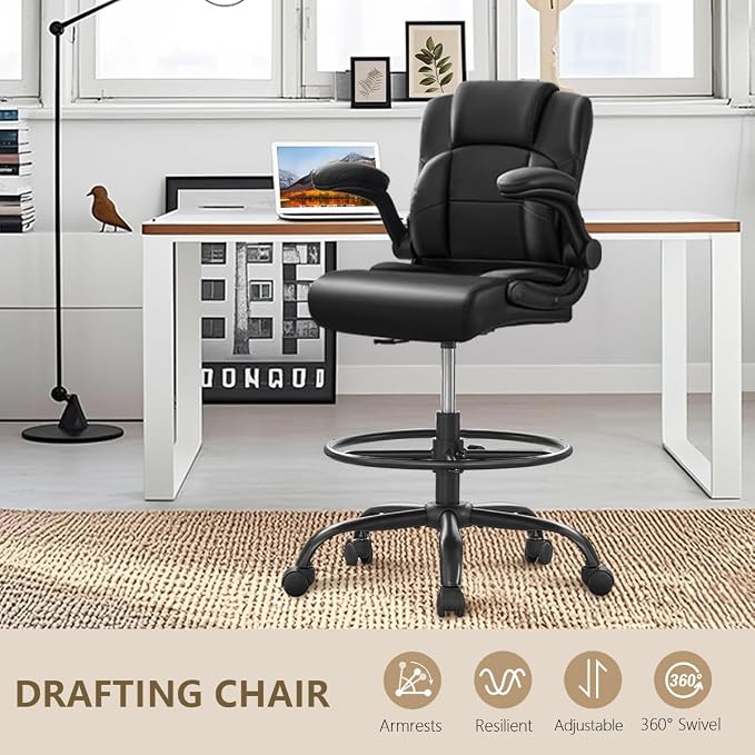 500 lbs Drafting Chair Tall Office Chair with Flip-up Armrests for Standing Desk Executive Ergonomic Computer Leather Desk Chair with Lumbar Support, Adjustable Foot Ring for Home or Drawing Use