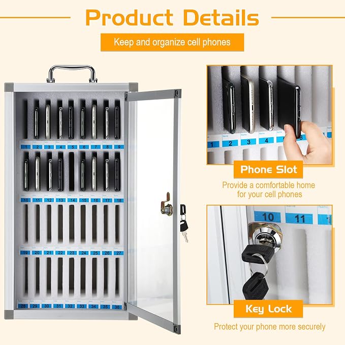 Amylove 36 Slots Cell Phone Locker Cabinet Aluminum Alloy Pocket Chart Storage Locker Box Cabinet Wall-Mounted Cell Phones Storage Box with Handle for Office Classroom Gym(White)