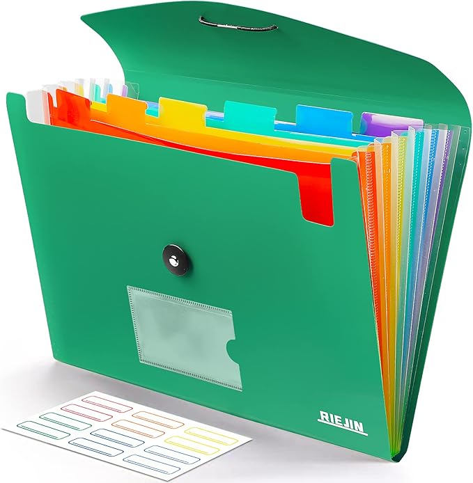 Accordian File Organizer 7 Pocket Expanding File Folder with Labels, Plastic Expandable File Folder for Documents Letter Size A4 Papers - Green