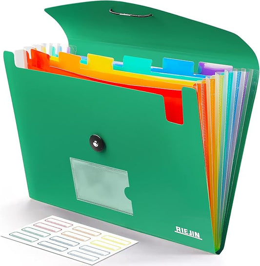 Accordian File Organizer 7 Pocket Expanding File Folder with Labels, Plastic Expandable File Folder for Documents Letter Size A4 Papers - Green