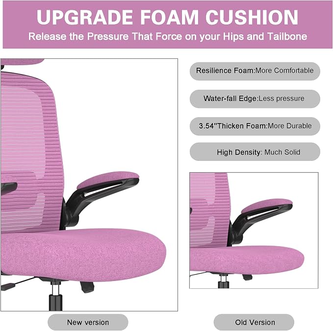 Mimoglad Office Chair, High Back Ergonomic Desk Chair with Adjustable Lumbar Support and Headrest, with flip-up Armrests for Guitar Playing, 5 Years Warranty (Modern, Orchid(Black Frame))