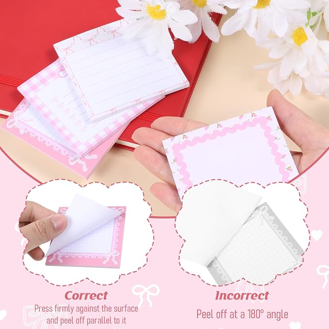 12 Pcs Coquette Bow Sticky Notes, 3x3 Inch Pink Note Pads Set | pink ribbon bow sticky notes. Self-stick adhesive pads perfect for school, office, journaling, and daily planning