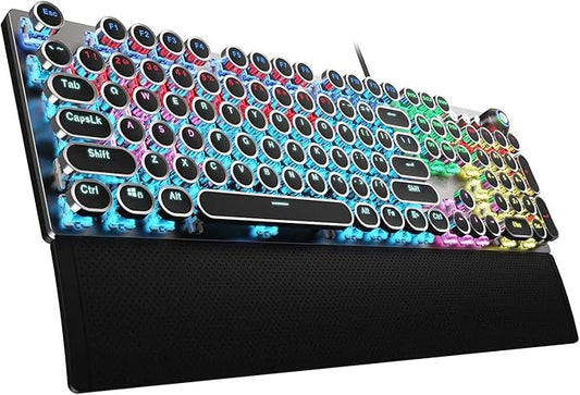 AULA F2088 Typewriter Style Mechanical Gaming Keyboard Wired,Blue Switches,Rainbow LED Backlit,Removable Wrist Rest,Media Control Knob,Retro Punk Round Keycaps,USB Wired Computer Keyboard