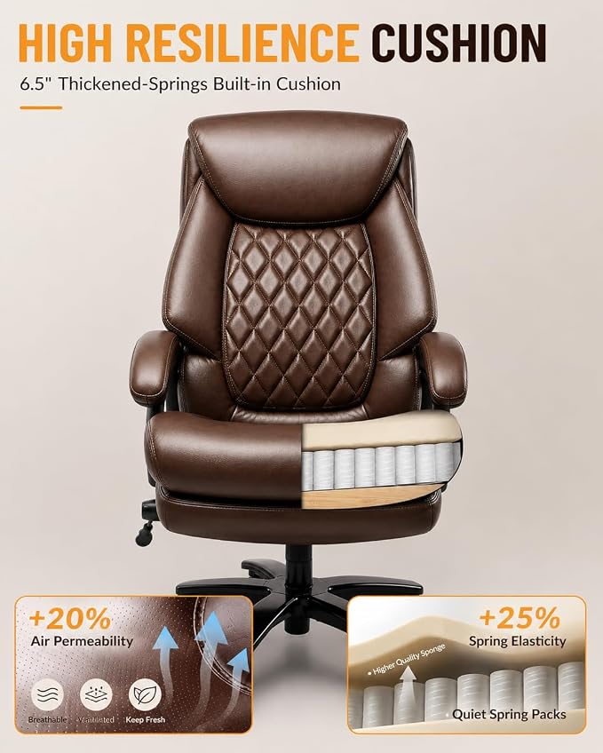 Big and Tall Executive Office Chair with Adjustable Lumbar Support, Extra Wide Seat, Heavy Duty Computer Desk Chair for Long Working Hours, Gaming & Home Office, Quiet Rolling Wheels