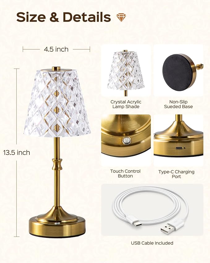 JACKYLED Cordless Lamp Rechargeable, Acrylic Crystal Lampshade, 3 Colors with Built-in Dimmer, 5000 Capactiy Power Operated Wireless Lamp for Kitchen Counter Bedroom Living Room