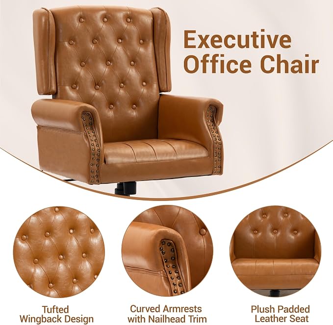 Vintage High Back Wingback Executive Office Chair, Brown | Home Desk Chairs with Tufted Nailhead Trim & PU Faux Leather, Heavy Duty Adjustable Rocking Computer Chair for Gaming