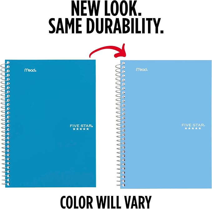Five Star Spiral Notebook, 2 Subject, College Ruled Paper, 6" x 9.5", 80 Sheets, Blue (Color May Vary) (840029CG1)