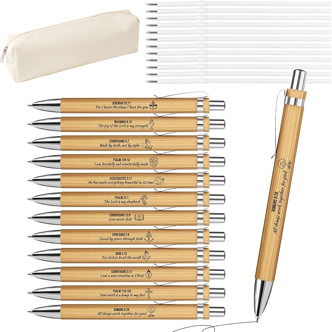 Bible Verse Pens 25 Pcs with 12 Christian Pens & 12 Refills & 1 White Pen Pouch Bamboo Retractable Ballpoint Pens Inspirational Quote Pen Religious Gifts for Men Women