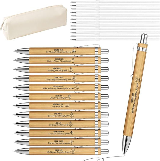 Bible Verse Pens 25 Pcs with 12 Christian Pens & 12 Refills & 1 White Pen Pouch Bamboo Retractable Ballpoint Pens Inspirational Quote Pen Religious Gifts for Men Women