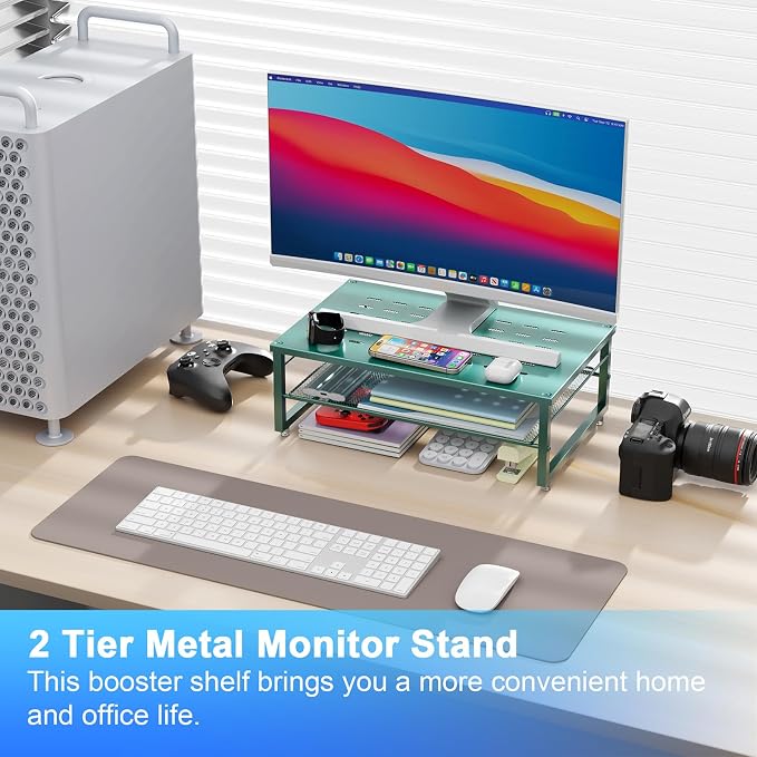 gianotter 2-Tier Metal Monitor Stand Riser, Desk Organizer for Monitor, Office Desk Storage Organizer for Office Supplies (Dark Green)