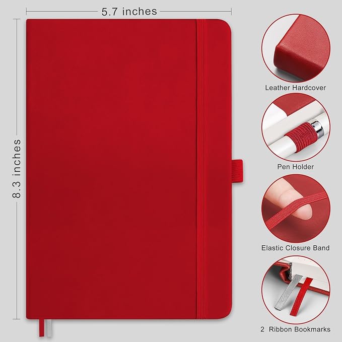 RETTACY Dotted Journal Notebook, 192 Pages, A5 Medium Size (5.7'' x 8.3''), Leather Hardcover, 100 GSM Thick Paper, for Journaling, Planning, Tracking (Red)
