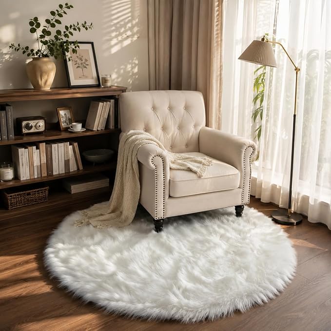 EasyJoy Faux Sheepskin Rug, Fluffy Faux Fur Rug, Ultra Soft Shag Area Rug with Non-Slip Backing for Bedroom, Living Room, Nursery, Kids Room(4 x 4 ft Round, White)