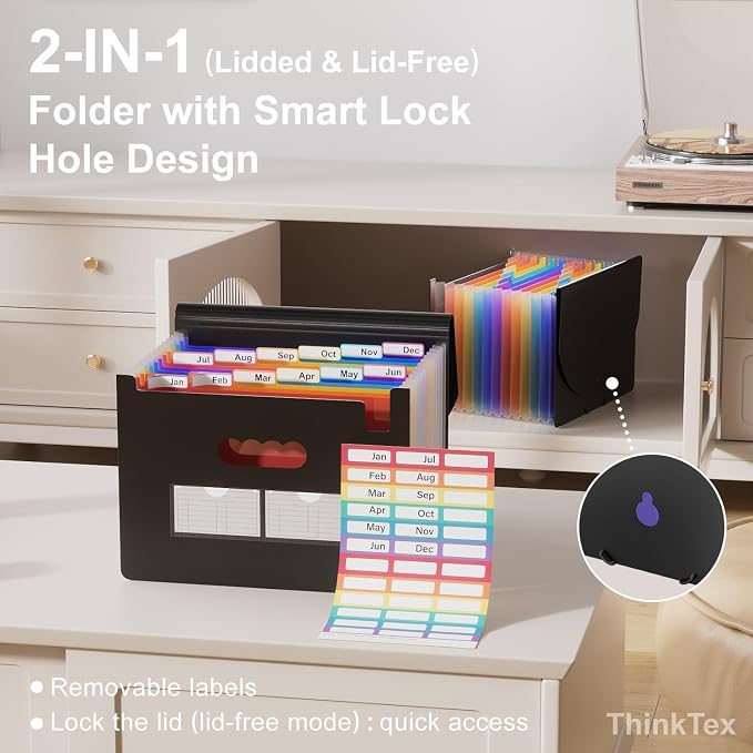 ThinkTex 10-Pack Accordion File Folders - 12 Pockets Bulk Expanding Organizer, Heavy Duty Letter/A4 Document Holder with Color Tabs for Business Tax, School & Office & Back to School Supplies - Black