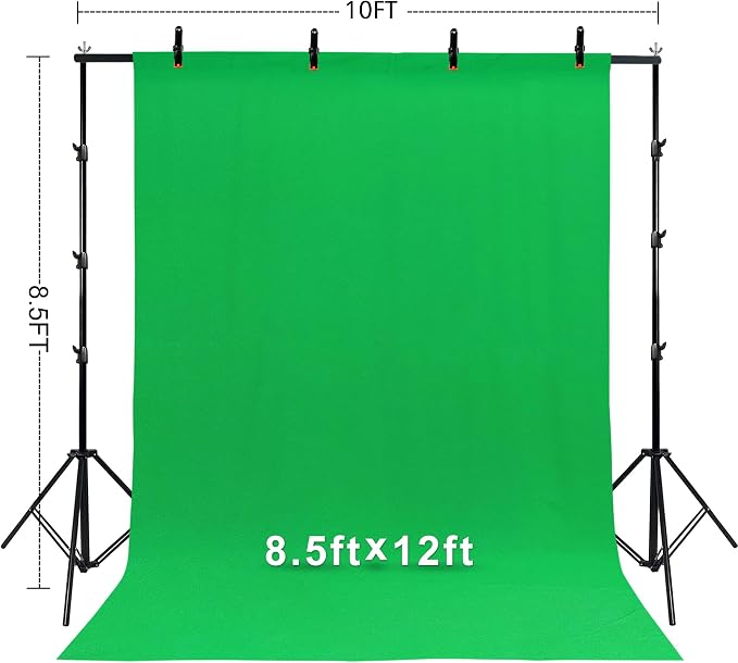 2 in 1 Green Backdrop Stand Kit, 10x8.5 ft Portable Dual Rod Stand kit with 8.5x12ft Green Backdrop-Premium Polyester for Video Streaming, Portrait Photoshoot,Wall Mounted, Parties