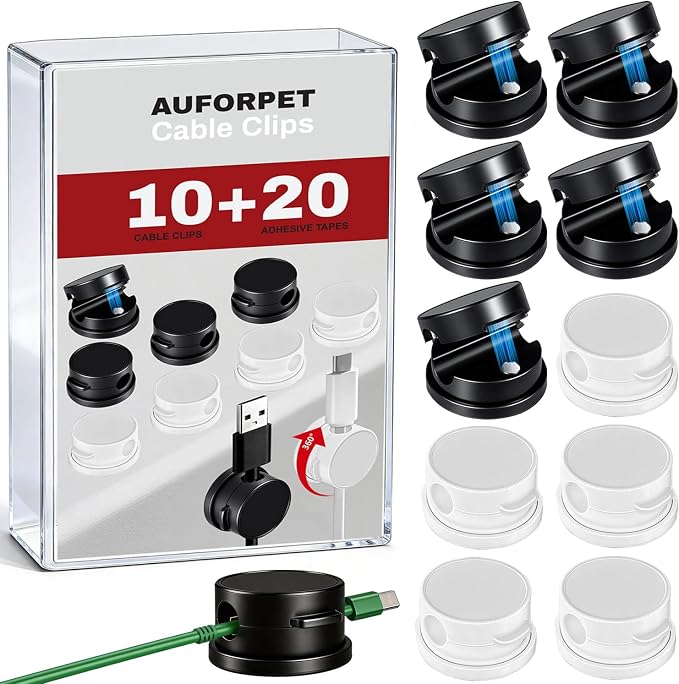 10Pack Magnetic Rotatable Cord Holder with Box, 360°Rotating Clips Cable Organizer for Nightstand, with No-Residue Strong Adhesive for Desk, Phone Cord for Home, Office, Car, Travel Accessories