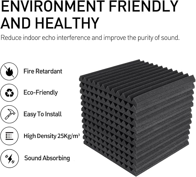 Focusound 52 Pack Acoustic Foam Panels 1" x 12" x 12" Sound Proof Foam Panles Soundproofing Noise Cancelling Wedge Panels for Home Office Recoding Studio with 300PCS Double-Side Adhesive