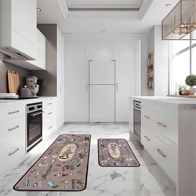 Voanos Coffee Kitchen Rugs,Non Skid Washable Microfiber mats for Kitchen Floor,Coffee Theme Kitchen Cushioned Runner Rug Decor Sets of 2 Pieces,17"x 47"+17"x 30"