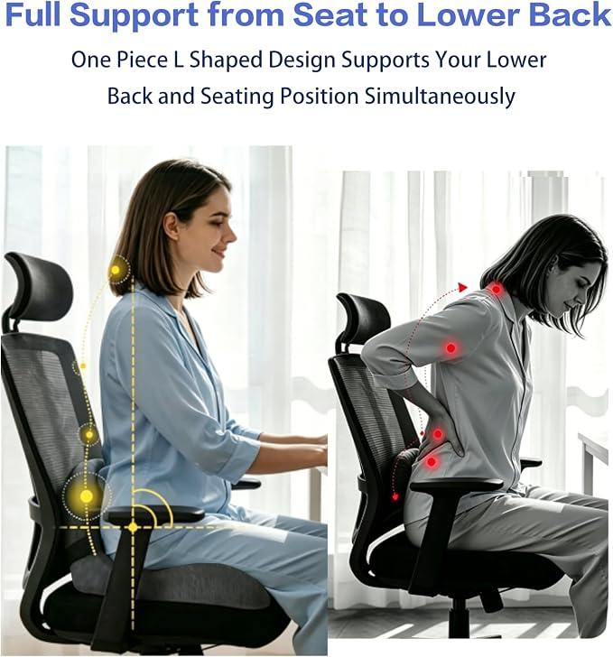 Back and Seat Cushion for Office Chair, Light Grey | Wide ergonomic memory foam, coccyx cutout & adjustable straps, tailbone & back relief, non-slip for car, home & gaming