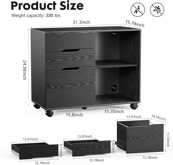DUMOS Wood File Cabinet with 3 Drawers, Rolling Printer Stand | Under Desk Storage Organizer Home Office Space with Shelves for Files and Office Supplies, Rust