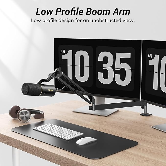 Tonor Mic Arm Desk Mount, Low Profile Boom Arm for Microphone, Adjustable Mic Stand with Desk Mount Clamp, 3/8’’ and 5/8’’ Screwadapter for Most Micr, 38 cm +35 cm(15''+14''), Black, T20LP
