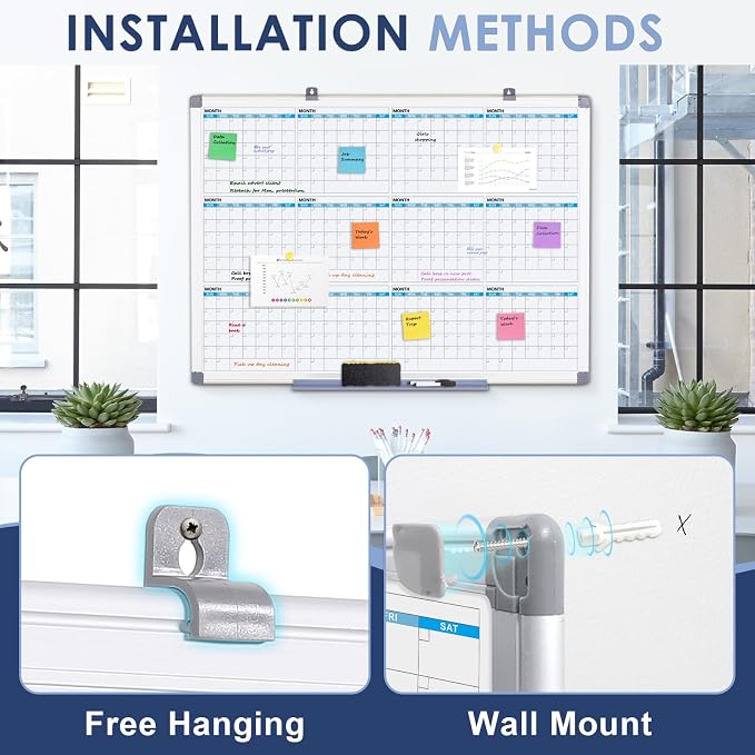 MAKELLO Large Dry Erase Calendar 43" x 31", 12 Months Planning Boards | Wall Mount, Magnetic, Aluminum Frame, Erasable Board, Easy Mount, Yearly Calendar White Board, Family, Kitchen, Classroom