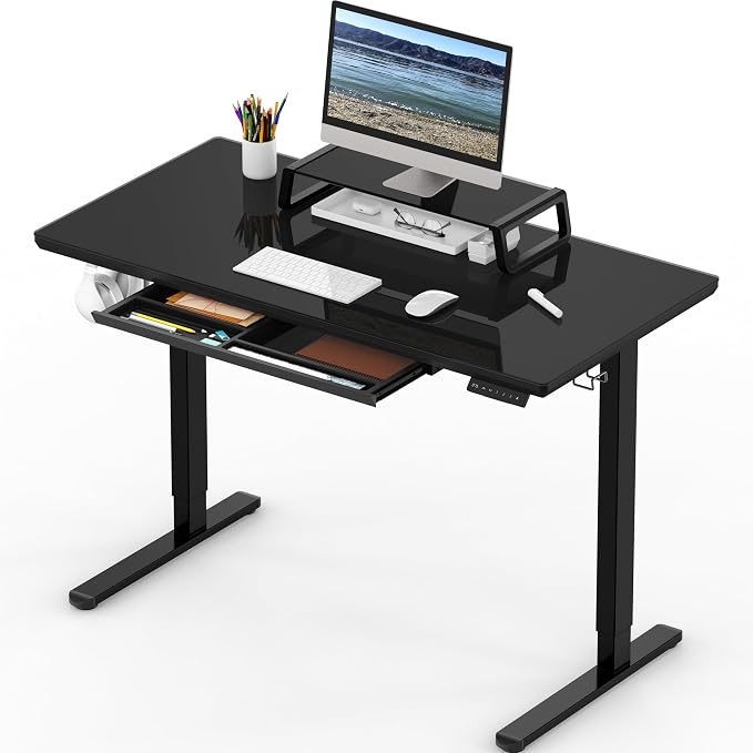 SHW 48-Inch Glass Electric Height Adjustable Standing Desk, Black | w/ Monitor Riser | Memory Presets and Cable Management | Drawer with Built-in Compartments | Hanging Hooks