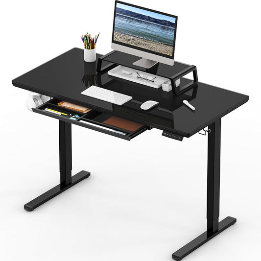 SHW 48-Inch Glass Electric Height Adjustable Standing Desk, Black | w/ Monitor Riser | Memory Presets and Cable Management | Drawer with Built-in Compartments | Hanging Hooks