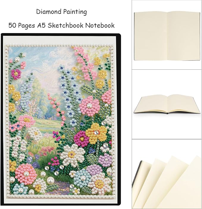 FRANDEK Pearl Painting Notebook Kit, Summer Forest A5 DIY Journal with 50 Blank Pages, Diamond Gem Art Cover with Waterproof Canvas, Beginner Craft Set with Full Tools for Adults