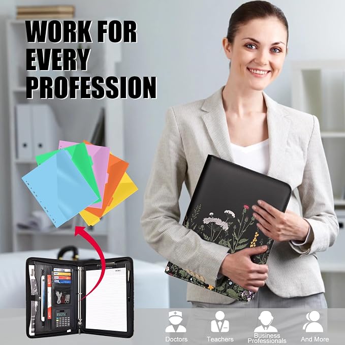Eshow padfolio Portfolio Binder - 3 Ring Binder with Zipper, Vegan Leather | Includes 5 Colorful Sheet Protectors for Documents & Diles, 1 Pen, and 1 A4 Notepad, Designed for Women and Men