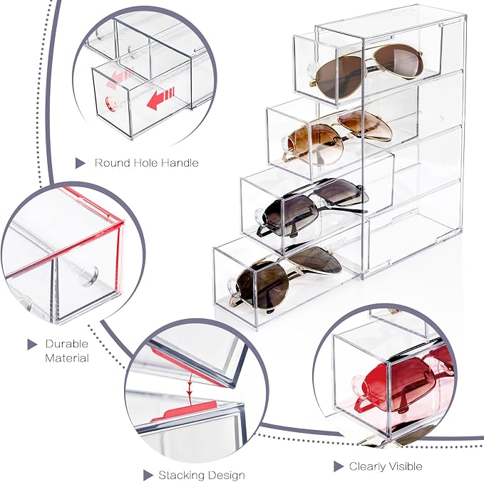 Desk Organizer with 4 Drawers, FODIENS Stackable Desktop Storage Box with Removable Drawer, Clear Sunglasses Organizer Display Case for Stationery Marker Pens Eyeglasses Office Supply | Clear Sunglasses Organizer, Display Case, Removable Drawers, For S...