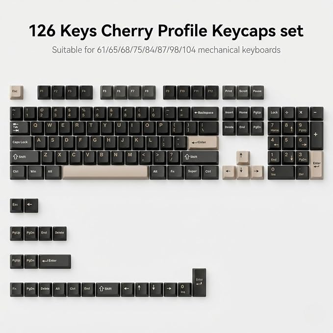 126 Keys PBT Double Shot Keycaps, Beige Black Retro Keycap Set, Cherry Profile Minimalist Grey Style, for Mechanical Keyboard 60% 65% 75% 100% Cherry MX Switches