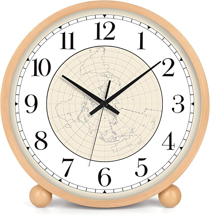Maxspace Wooden Table Clock,8in Silent Non-Ticking Desk Clock,Battery Operated Desktop Analog Clock for Living Room Bedroom Kitchen Office Classroom Decor (Log - Map)
