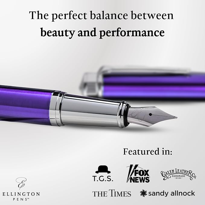 Ellington Pens Luxury Fountain Pen Set - Smooth Medium Nib - Includes 3 Ink Cartridges, Refillable Ink Converter, Gift Box - Fountain Pens For Writing, Calligraphy, Journaling, Sketching (Purple Haze)