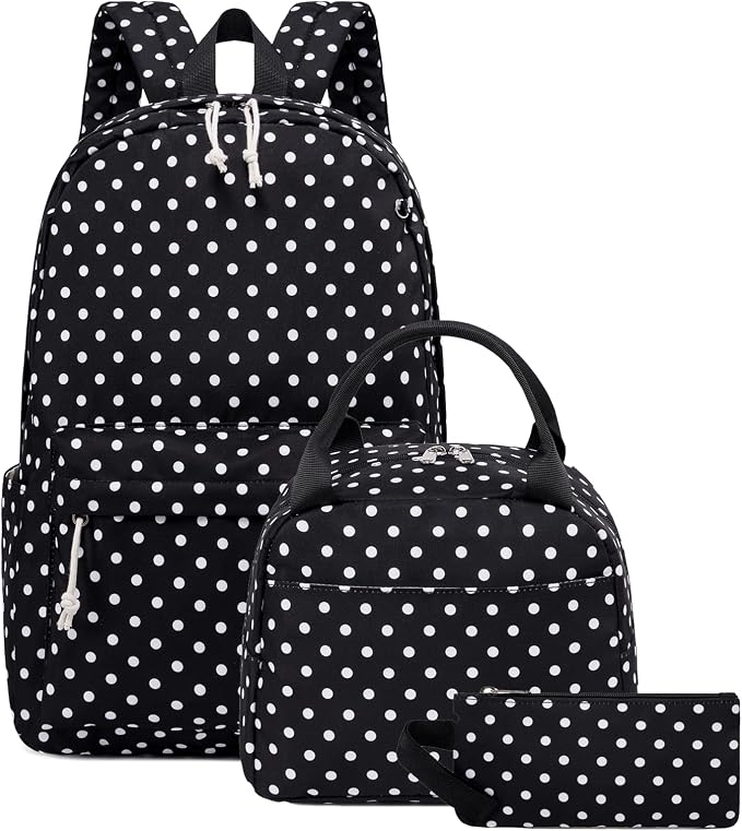 Bluboon Teen Girls School Backpack Kids Bookbag Set with Lunch Box Pencil Case Travel Laptop Backpack Casual Daypacks (Black Polka Dots)