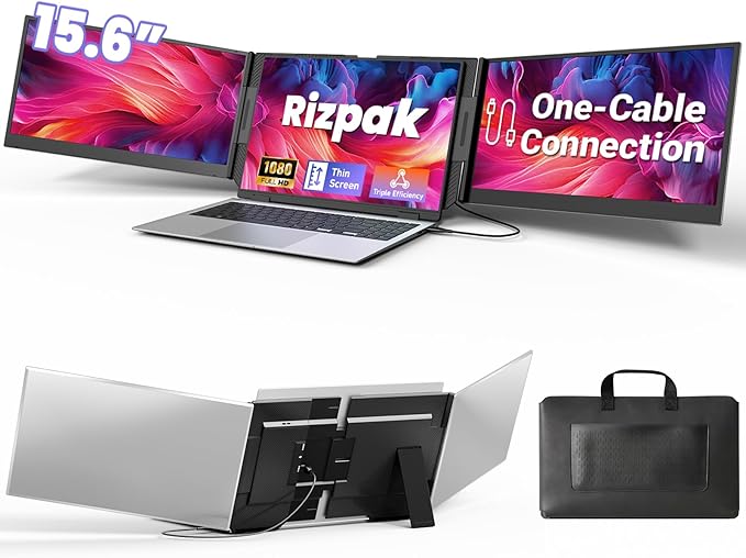 One Cable Laptop Screen Extender, 15.6” Ultra-Slim Triple Portable Monitor, 1080P FHD IPS Display, USB-C/A Connection, Travel Monitor for 13–17.3" Laptops, Mac/Windows/Android (Driver Required)