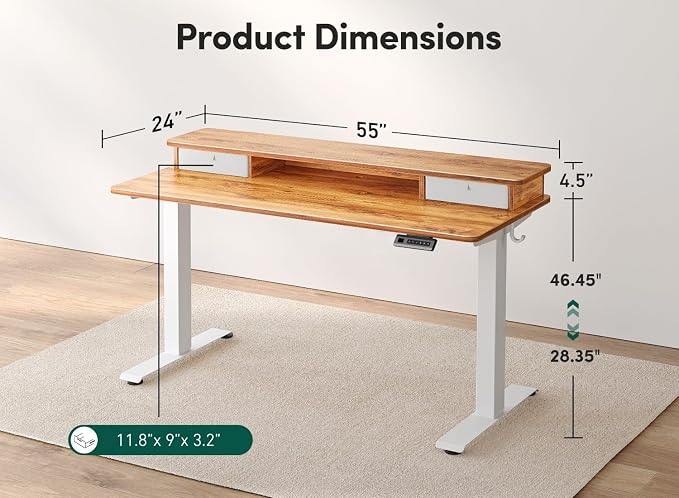 FEZIBO 55 x 24 Inch Height Adjustable Electric Standing Desk with Double Drawer, Computer Desk, Home Office Stand Up Table with 4 Height-Adjustable Feets & 2 Hooks, Light Rustic
