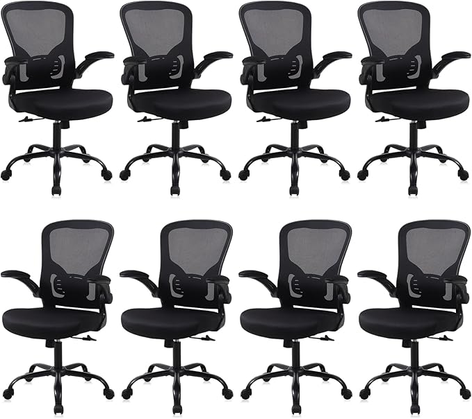 Flysky Mesh Office Chair, Ergonomic Computer Desk Chairs for Home Office - with Comfy/Comfortable Flip-up Arm Rests, Lumbar Support, Height Adjustable, 360 Degree Rolling Swivel (Black, 8 Pack)