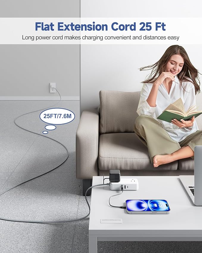 Flat Extension Cord 25 FT with 4 AC Outlets 3 USB Ports (5V/3.4A 17W), 25Ft Long Braided Cord for Home Office Dorm