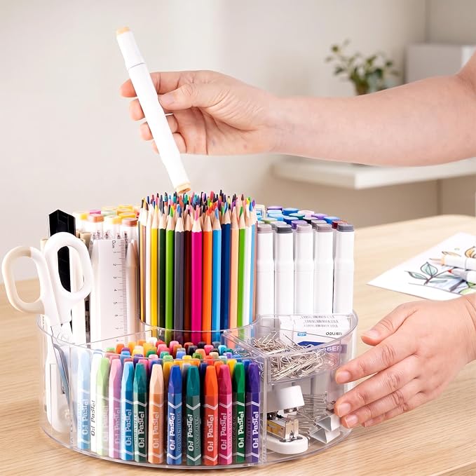 360° Rotating Pen Organizer, Large Clear Acrylic Marker Holder with 6 Compartments, 10" Lazy Susan Pencil Holder for 295 Markers, Colored Pencils, Crayons, Makeup Brushes & Desk Supplies