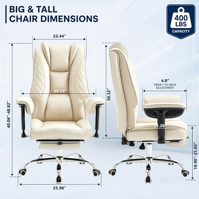 Big and Tall Office Chair Heavy Duty Wide Executive Office Chair(Beige) | Breathable Leather，Double-layered Backrest，Seat Cushion Designed of Deluxe Embroidery Leather，Foot Rest, Adjustable Armrests