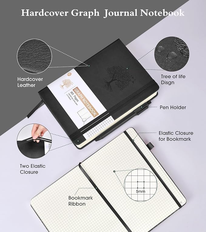 Ansopu Graph Paper Notebook Journal,360 Numbered Pages Grid Notebooks,Thick 100gsm Graphing Paper Notebook Journal for Writing Women Men, A5 Large Hardcover Leather Graph Notebook 5.75''× 8.38''Black