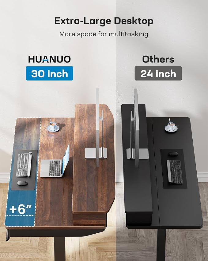HUANUO 48 x 30 inch Electric Standing Desk with 4 Drawers, Walnut | Deeper 30 Inch Desktop, Cable Tray, Monitor Mount Support, Grommet Routing, 27.9–46.8 Inch Height Range, Home Office Use