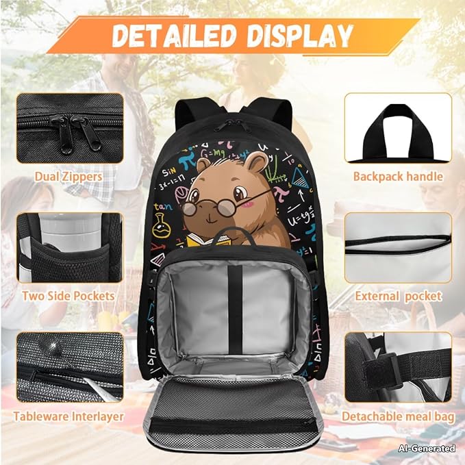 Doojoayie Cute Capybara 2nd Grade Backpack Girls Lightweight Backpacks for Girls with Lunch Box 17 inch Bookbag with Multiple Pockets Compartments for Kindergarten Book Theme