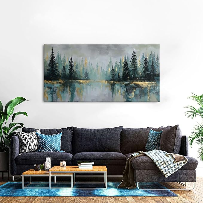 AIYISU Green Forest Wall Art Vintage Fog Pine Trees Landscape Wall Decor Nature Green and Gold Forest Lake Scenery Canvas Prints Pictures Farmhouse Artwork Kitchen Living Room Home Decorations 30x60