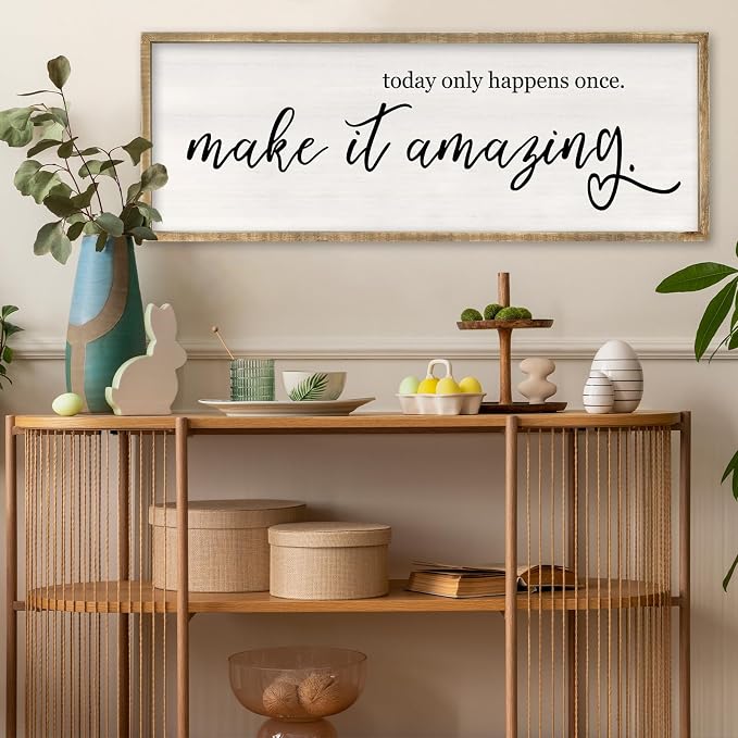 RLWangChao Today Only Happens Once Make It Amazing Wall Art Decor 32x12 Inch Large Inspirational Quote Sign Rustic Living Room Vintage Wood Frame Office Motivational Home Wall Hanging (Wood)